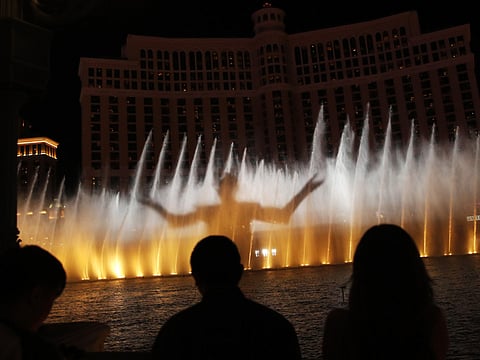The Night King is projected during a "Game of Thrones"-themed show at the fountains at the Bellagio casino-resort, Sunday, March 31, 2019, in Las Vegas.