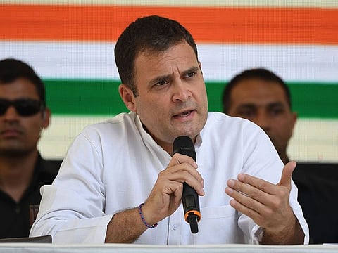 Indian National Congress party president Rahul Gandhi addresses supporters at an event to unveil the party's election manifesto in New Delhi.