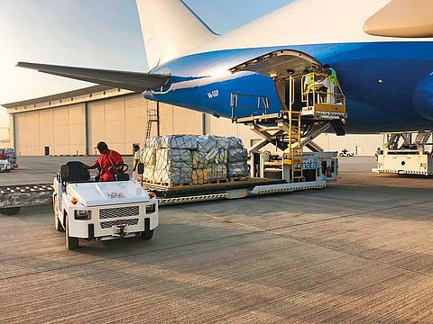 A relief plane being loaded at International Humanitarian City to carry aid to Southern Africa.