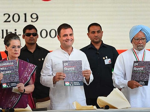 Congress President Rahul Gandhi, senior party leaders Sonia Gandhi and Manmohan Singh release party's manifesto for Lok Sabha polls 2019, in New Delhi