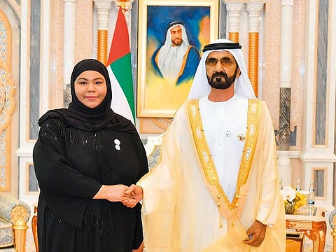 Shaikh Mohammad with Fatima Obaid Al Kalbani, UAE representative to the Food and Agriculture Organisation.