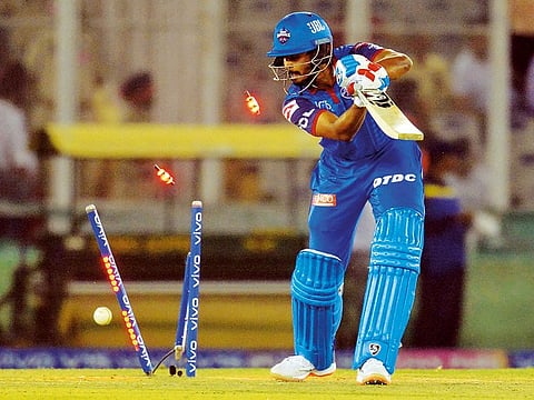 Delhi Capitals Shreyas Iyer is bowled during the IPL match between Kings XI Punjab and Capitals in Mohali on Monday. Capitals’ middle-order needs to be a lot more consistent.