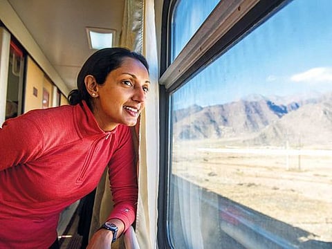 Monisha Rajesh on the Qinghai-Tibet railway to Lhasa.