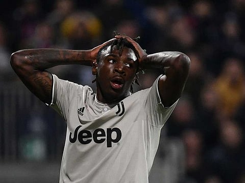 Juventus' Italian forward Moise Kean reacts during the Italian Serie A football march Cagliari vs Juventus on April 2, 2019 at the Sardignia Arena in Cagliari.