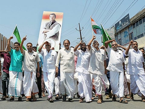 Wayanad: United Democratic Front (UDF) leaders and workers took to the streets to celebrate after Congress President Rahul Gandhi choose Wayanad as the second seat to contest in the upcoming Lok Sabha elections, in Wayanad, Sunday, March 31, 2019