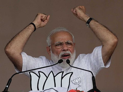 Indian Prime Minister Narendra Modi speaks at an election campaign in Kolkata, India.