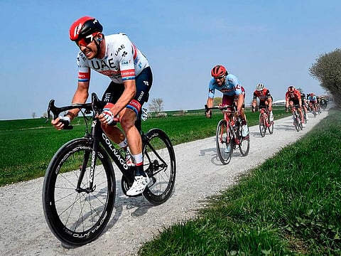 Norwegian Alexander Kristoff of UAE Team Emirates rides during the Gent-Wevelgem - In Flanders Fields cycling race, 251,5 km from Deinze, near Gent, to Wevelgem, on March 31, 2019