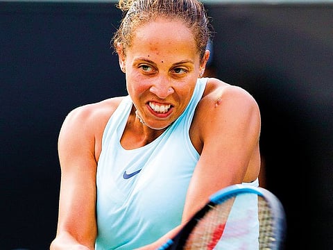 Madison Keys, of the United States, hits a return to countrywoman Sloane Stephens at the Volvo Car Open tennis tournament Friday, April 5, 2019, in Charleston, S.C. 