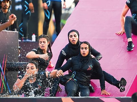 The F3 Team, winners of the Female Final, tackling their obstacle course at the Kite Beach Jumeirah. They completed the obstacle course in 22 minutes.