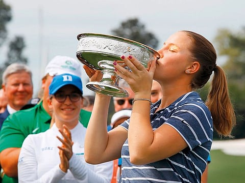 Jennifer Kupcho of the US kisses the trophy after winning the Augusta National Women’s Amateur at Augusta National Golf Club on Saturday.