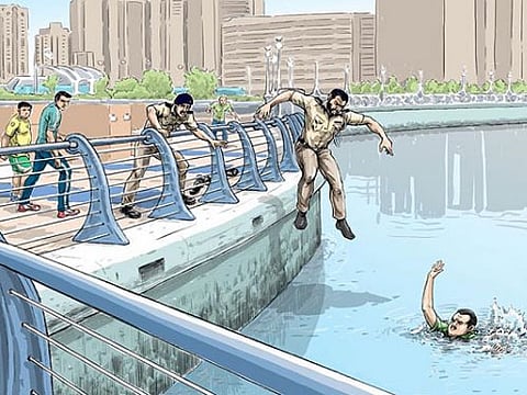 Abu Dhabi Police rescued a man who threw himself into the waters after being involved in a traffic accident.