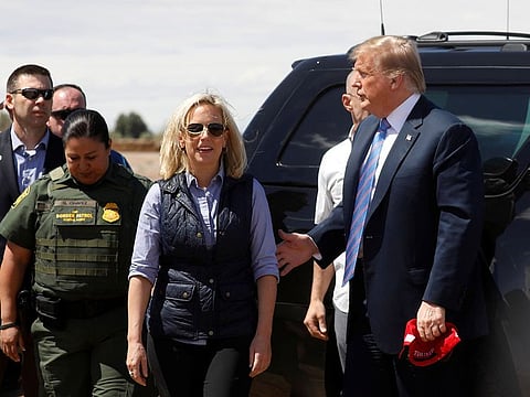 Homeland Security Secretary Kirstjen Nielsen and U.S. President Donald Trump arrive to view a section of border wall in Calexico California, U.S., April 5, 2019.