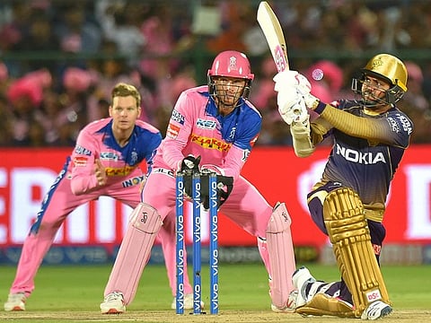 KKR batsmen Sunil Narine plays a shot during the IPL match against Rajasthan Royals in Jaipur, Sunday, April 7, 2019. 