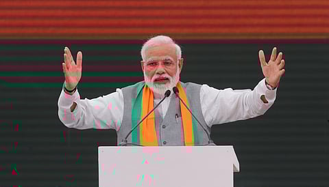 Indian Prime Minister Narendra Modi gestures as he speaks after releasing India's ruling Bharatiya Janata Party (BJP)'s election manifesto for the April/May general election, in New Delhi, India, April 8, 2019. 