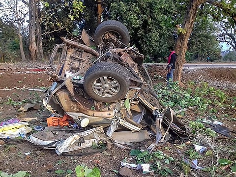 Mangled remains of a vehicle after a BJP convoy was attacked by the Maoists in Dantewada district of Chhattisgarh, on Tuesday. 