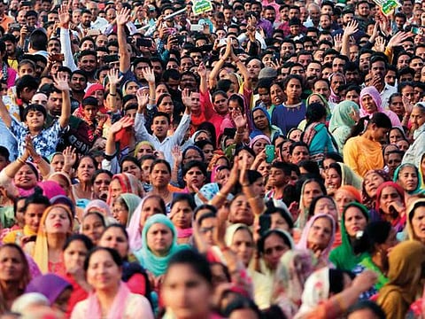 BJP supporters attend an election rally addressed by Indian Prime Minister Narendra Modi at Dumi village in Akhnoor.