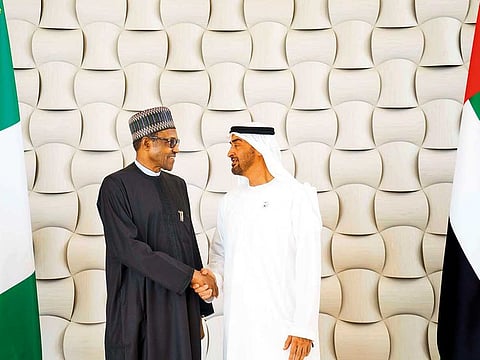 Sheikh Mohammad Bin Zayed with Muhammadu Buhari before a meeting in Abu Dhabi.