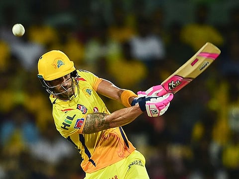 CSK player Faf du Plessis plays a shot.
