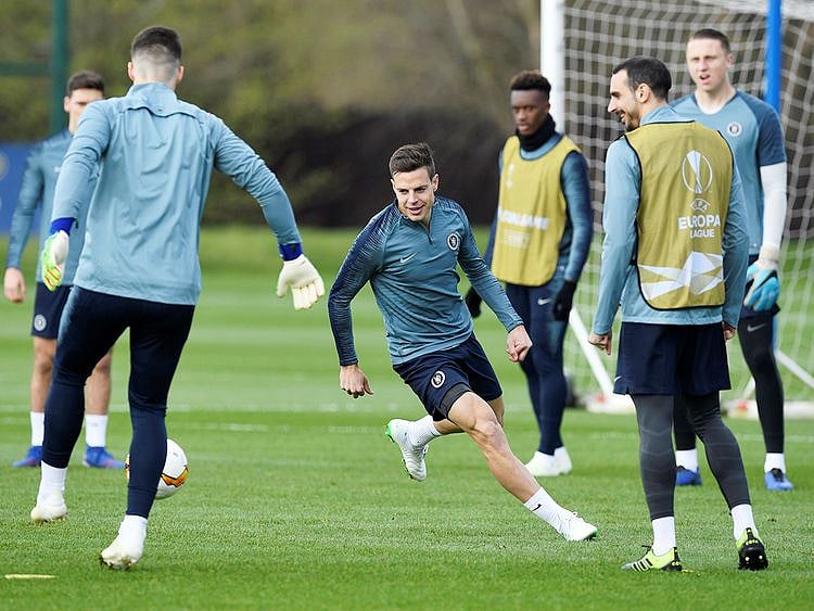 Chelsea players seen during training at Cobham