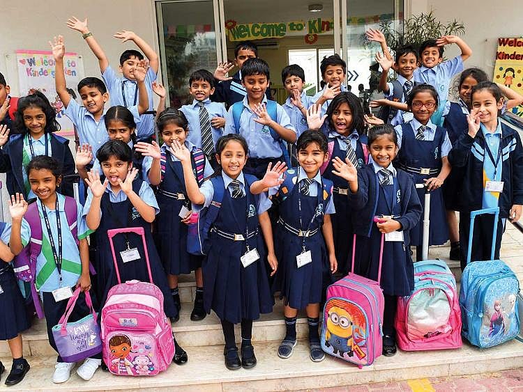 Students of JSS Private School in Dubai yesterday. Indian schools start a new academic year in April while most other schools start a new cycle in September.