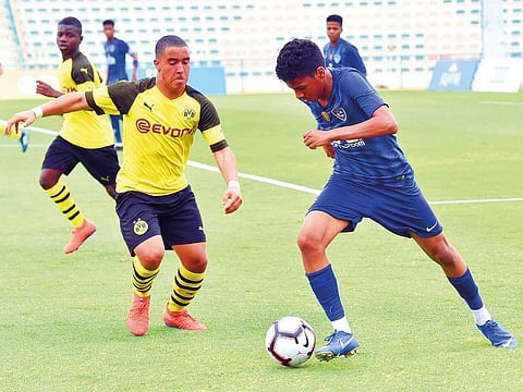 2016 champions Al Hilal of Saudi Arabia (in blue) started their campaign in the Ninth Dubai U16 International Football Championship with a 3-2 win over Borussia Dortmund (yellow).
