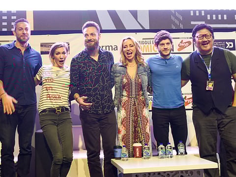 Zachary Levi addressing media at the Middle East Film & Comic Con 2019.