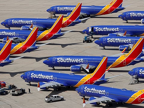 File photo: A number of grounded Southwest Airlines Boeing 737 MAX 8 aircraft are shown parked at Victorville Airport in Victorville, California, on March 26, 2019.  