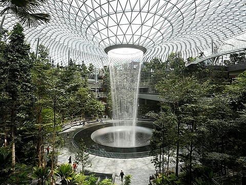The 40-metre high Rain Vortex is seen from inside Jewel Changi Airport in Singapore. 