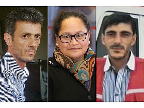photographs released by International Committee of the Red Cross (ICRC) and created in Geneva Switzerland on April 14, 2019, shows (L/R): Syria's Alaa Rajab, New Zealand's Louisa Akavi and Syria's Nabil Bakdoune at undisclosed locations