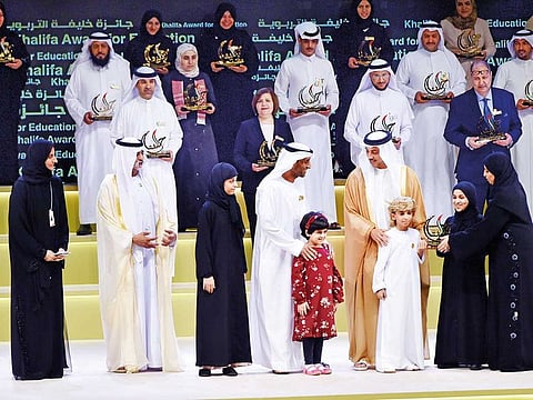Shaikh Mansour and Shaikh Nahayan with the winners during the awards ceremony in Abu Dhabi.