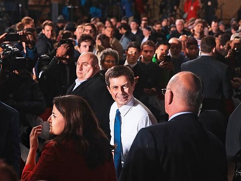 South Bend Mayor Pete Buttigieg greets guests after announcing that he will be seeking the Democratic nomination for president during a rally in the old Studebaker car factory on April 14, 2019 in South Bend, Indiana. 