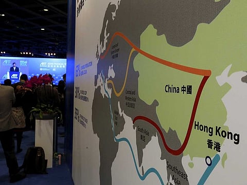 A map illustrating China's silk road economic belt and the 21st century maritime silk road, or the so-called "One Belt, One Road" megaproject, is displayed at the Asian Financial Forum in Hong Kong, China January 18, 2016