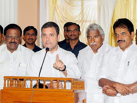 Congress President Rahul Gandhi addresses after Parliament coordination meeting, in Kannur, on Wednesday, April 17, 2019. 