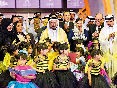 Dr Shaikh Sultan, Ahmad Al Ameri, chairman of Sharjah Book Authority, and other officials after the opening of the Sharjah Children’s Reading Festival at the Expo Centre Sharjah.