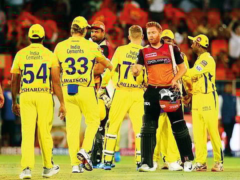 Jonny Bairstow of Sunrisers Hyderabad  shake hands with Chennai Super Kings players after the match.
