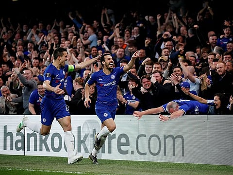 Chelsea's Pedro celebrates scoring their first goal with Cesar Azpilicueta.