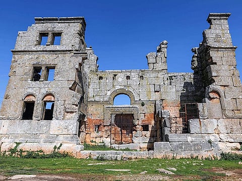The facade of the 5th century basilica in Qalb Lozeh village in northwestern Syria. 