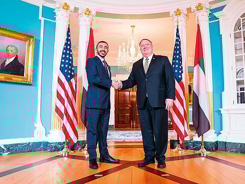 File picture: Sheikh Abdullah bin Zayed Al Nahyan with Mike Pompeo in Washington.