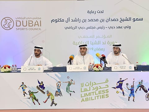 Salah Amin, Chairman of NAS Sports Tournament’s Executive Committee (centre), Hassan Al Mazrouei, Director of NAS Sports Tournament (right), and Adil Yousif Albannay, Chairman of the Tournament’s Technical Committee (left) at Monday’s press conference to announce details about the NAS Sports Tournament 2019.