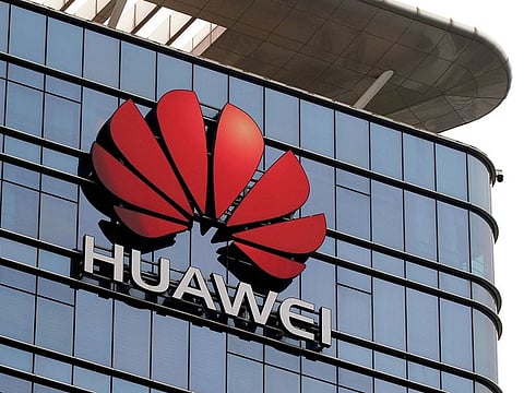 The Huawei logo is pictured outside its Huawei's factory campus in Dongguan, Guangdong province, China.