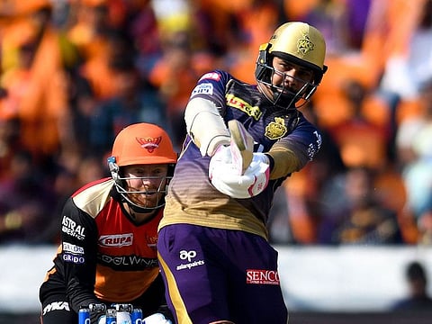 Sunil Narine plays a shot during the 2019 Indian Premier League (IPL) Twenty20 cricket match between Sunrisers Hyderabad and Kolkata Knight Riders.