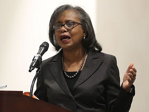 In this file photo taken on September 26, 2018 Professor Anita Hill gives a speech to students, faculty and guests on the campus of the University of Utah in Salt Lake City, Utah