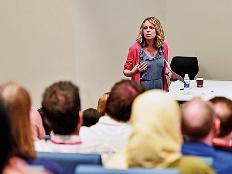 Rebecca Allen delivers the keynote address at the ResearchEd event in Dubai College on Saturday.