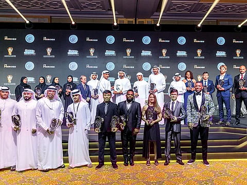Shaikh Theyab with the winners and officials during the 2019 Abu Dhabi World Jiu-Jitsu Awards in Emirates Palace.