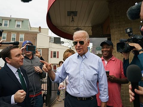 Democratic presidential candidate and former Vice President Joe Biden speaks outside of Gianni's Pizza, in Wilmington Del., Thursday, April 25, 2019.