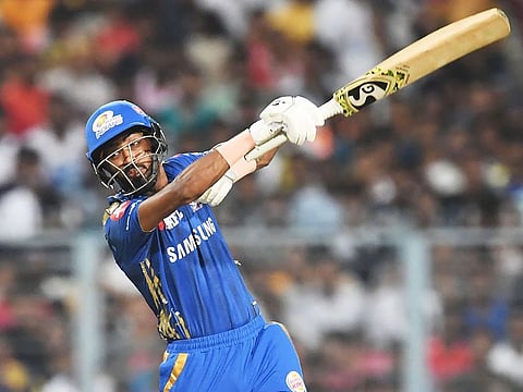 Mumbai Indians' Hardik Pandya plays a shot during the IPL match against Kolkata Knight Riders at the Eden Gardens Cricket Stadium, in Kolkata, on April 28, 2019. 