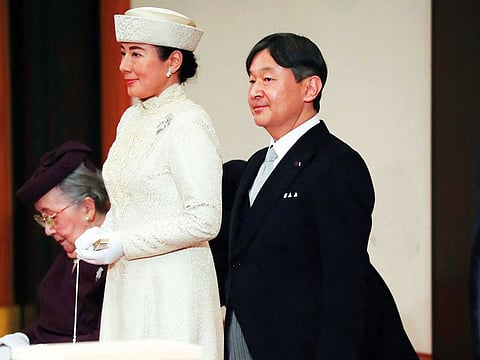 Japan’s crown prince Naruhito and crown princess Masako at emperor Akihito’s abdication in Tokyo on Tuesday.