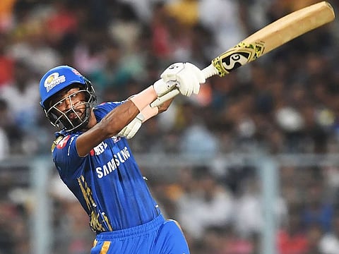 Mumbai Indians' Hardik Pandya plays a shot during the IPL match against Kolkata Knight Riders at the Eden Gardens Cricket Stadium, in Kolkata, on April 28, 2019.