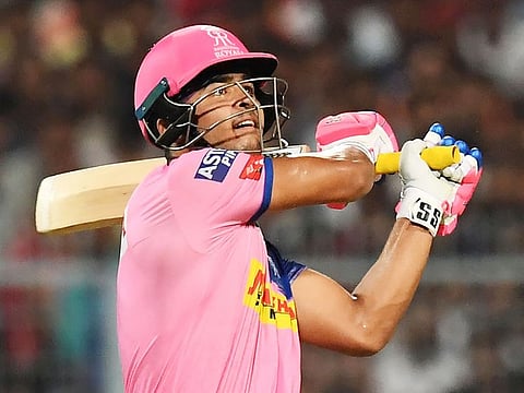 Rajasthan Royals' cricketer Riyan Parag plays a shot during the IPL match against Kolkata Knight Riders at the Eden Gardens Cricket Stadium, in Kolkata, on April 25, 2019. 