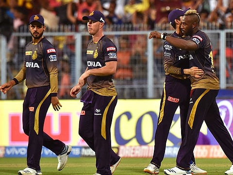 Kolkata Knight Riders (KKR) players celebrate wicket of Hardik Pandya during the Indian Premier League 2019 (IPL T20) cricket match between Mumbai Indians(MI) and Kolkata Knight Riders (KKR)at Eden Garden in Kolkata,Sunday.April 28,2019. 